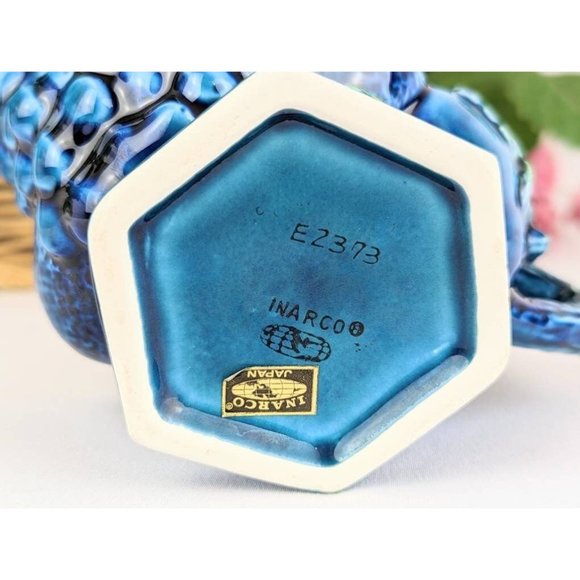 Indigo Blue Ceramic Footed Creamer Pitcher Embossed Fruit Grapes Leaves Inarco - Picture 7 of 8